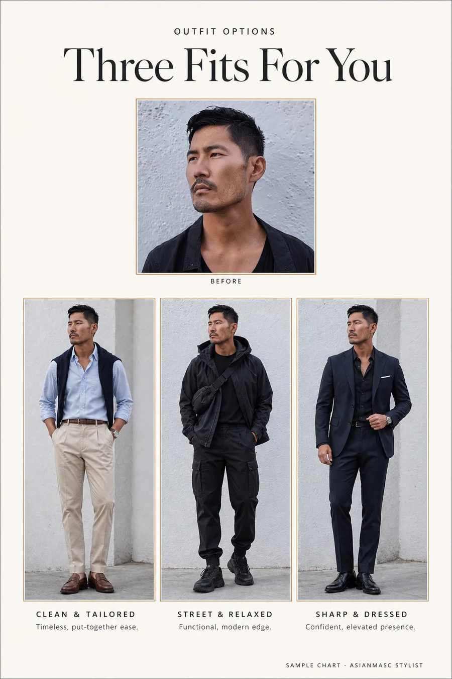 Sample Fitting Room chart — three AI-rendered outfits on the same person