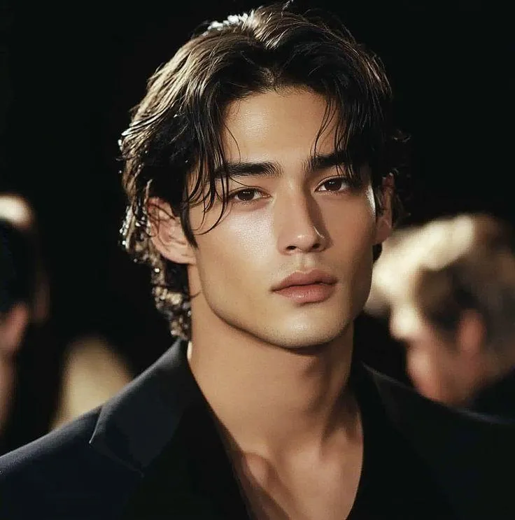 Asian male model with styled hair in dark setting