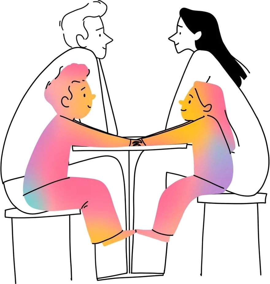 Two people reaching across a small café table to hold hands, their feet touching — a line drawing filled with a warm gradient.