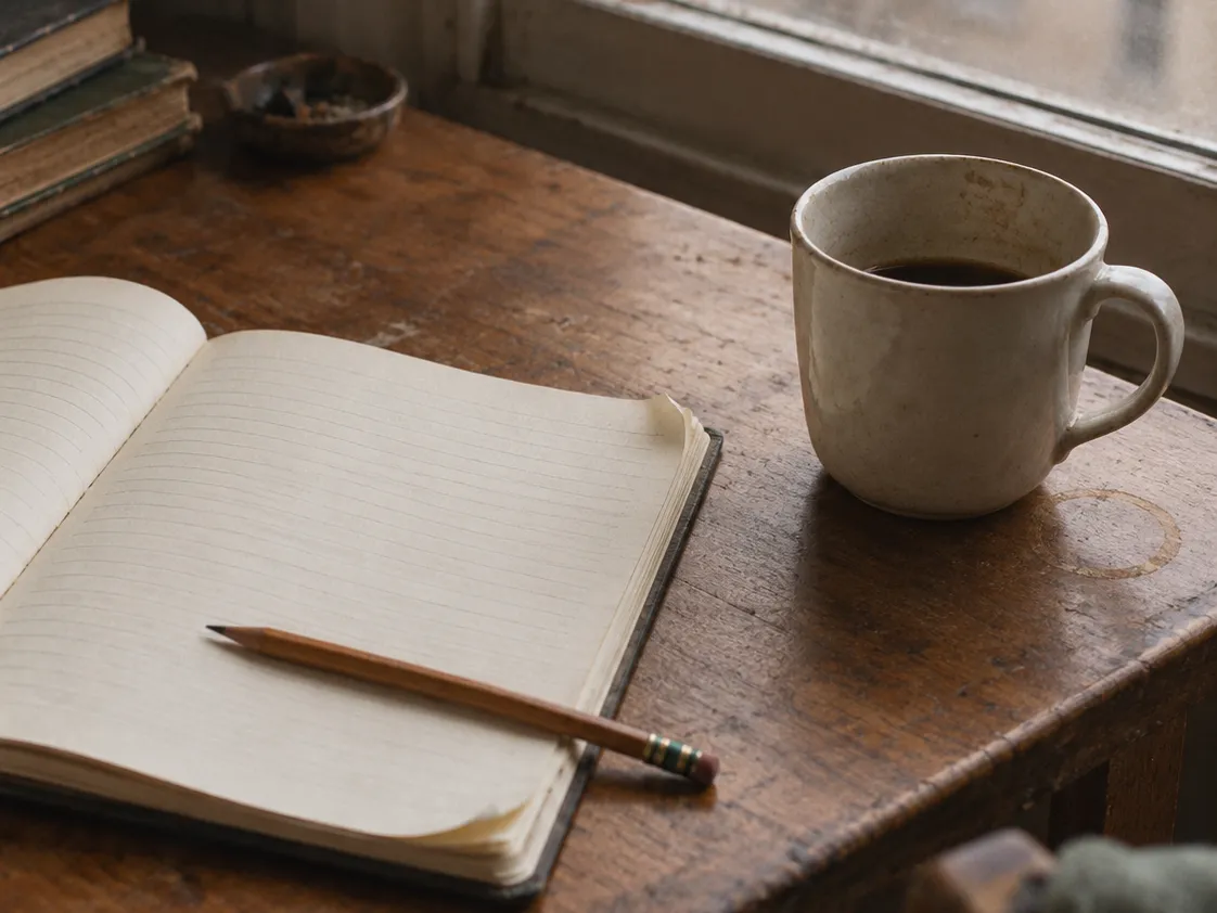 An open notebook with a blank lined page and a pencil beside a cup of coffee on a worn wooden desk by a window