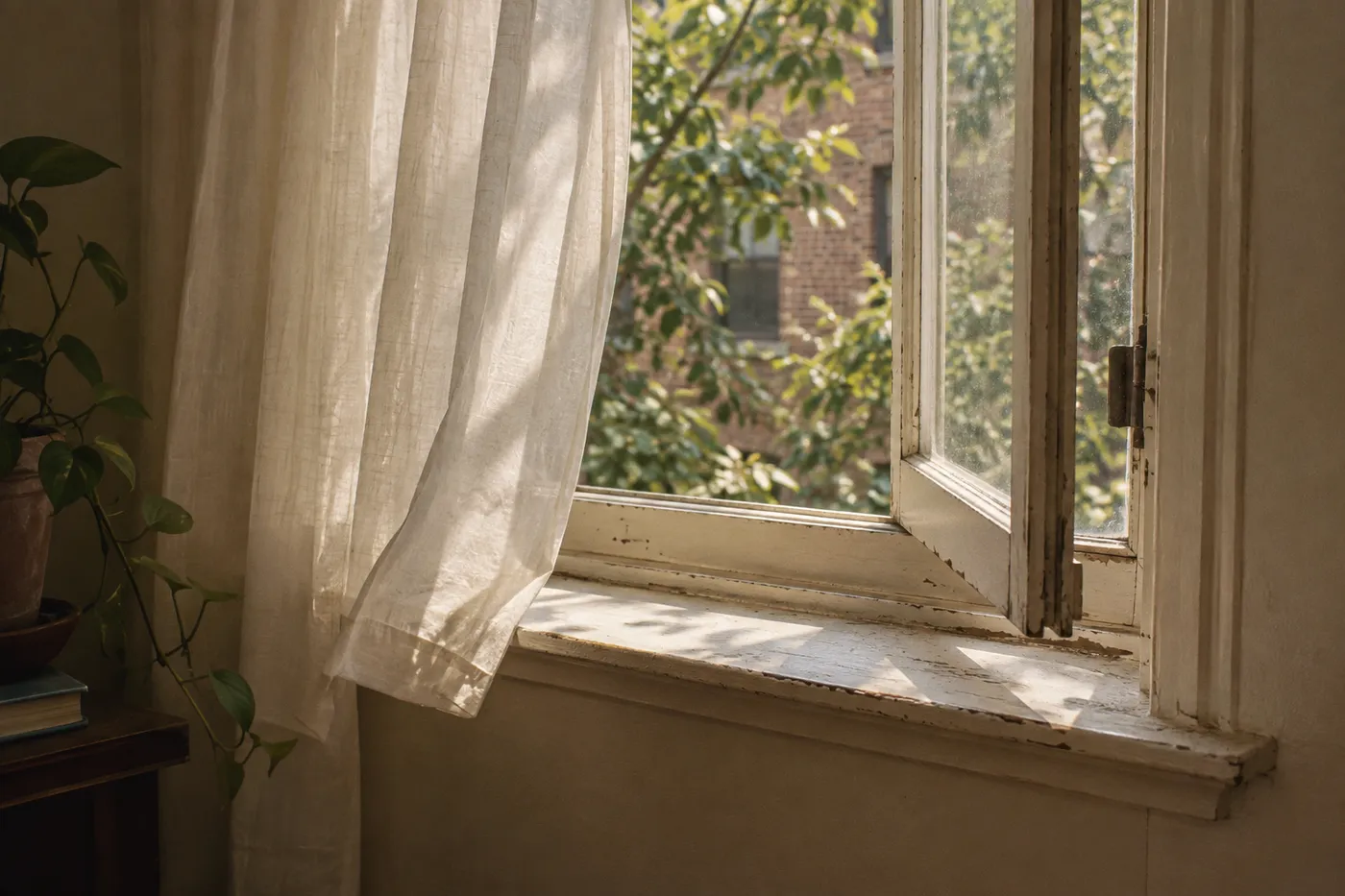 A sheer curtain lifting in the breeze beside an old window pushed open onto green trees and afternoon light