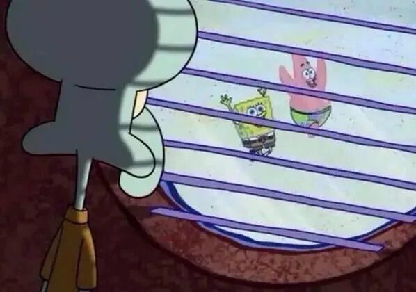 Squidward peering through window blinds at SpongeBob and Patrick outside