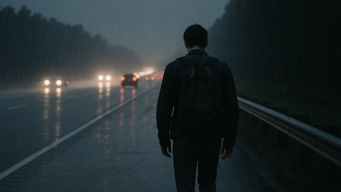 A lone figure with a backpack walking the shoulder of a dark interstate at night in the rain