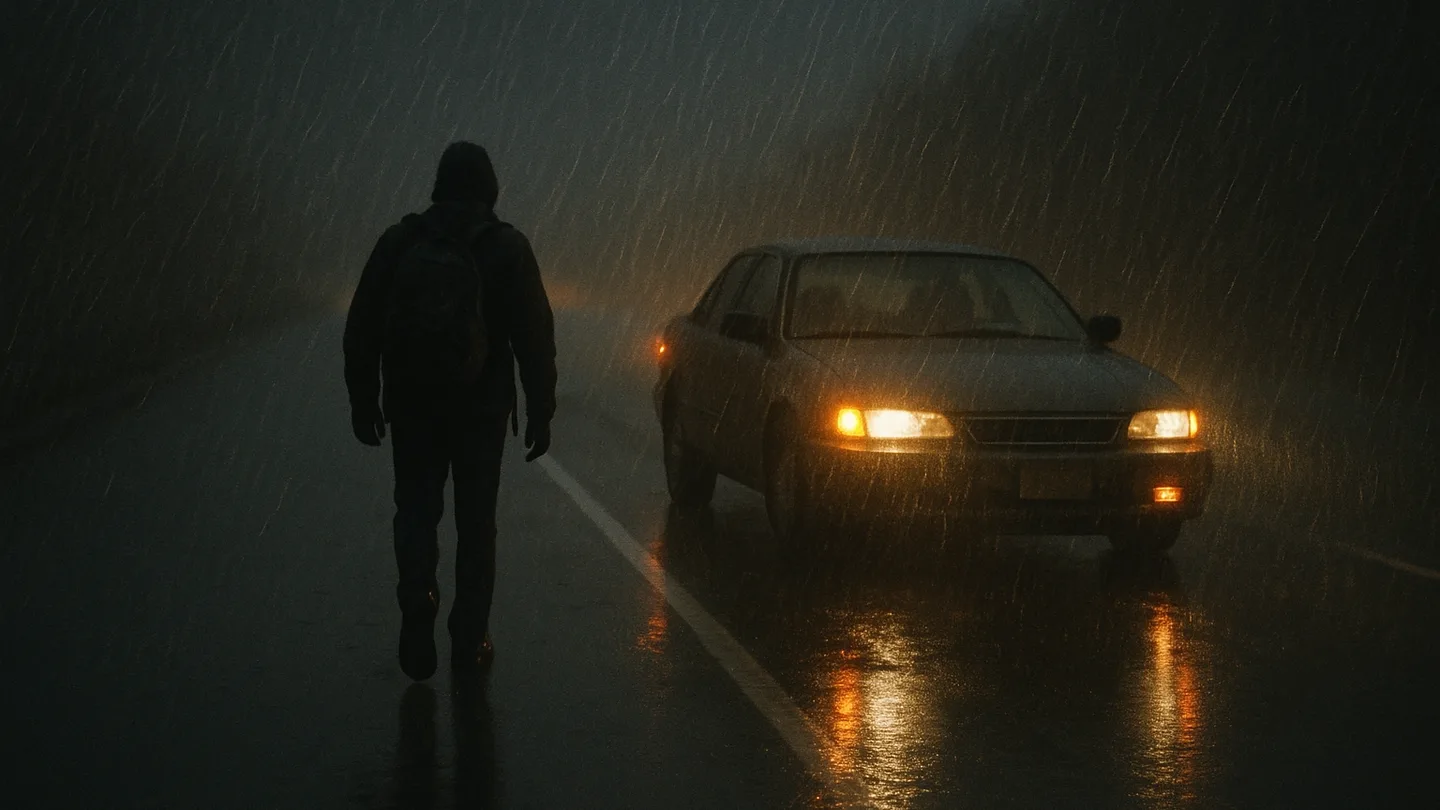 A car pulled over on a rainy highway shoulder at night, hazard lights on, a figure approaching